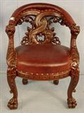 201 - Mahogany empire heavily carved arm chair with lion heads, ball and claw feet, acanthus leaves, 33in. T, 24in. W, 21in. D, att. to R. J. Horner.
