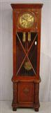 312 - German oak grandfather clock with large brass pendulum, carving on front, weight driven, keeps time, 80in. T, 23in. W, 16in. D, ca. 1880.