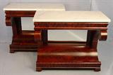 206 - Matched pair of mahogany empire pier tables, Philadelphia style, deep scroll front, white, 34in. T, 39in. W, 20in. D, ca. 1850.
