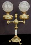 212 - Double arm kerosene student lamp with etched shade, never electrified, has double burners, 31in. T, 20in. W, ca. 1880