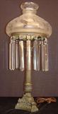 215 - Bronze and brass base sonumbra lamp with prisms and etched shade, 31in. T, 15in. Dia. Shade, ca. 1870