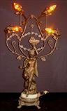 218 - Art Nouveau newel lamp with winged lady statue, signed Beer, 36in. T, 21in. W, 4 lights, ca. 1915