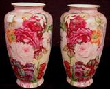 219 - Pair of hand painted porcelain Limoges vases with red roses, 12in. T, ca. 1900