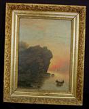 238 - 19th Century oil on canvas of seascape with cliff and boats, 33in. T, 26in. W, ca. 1880.