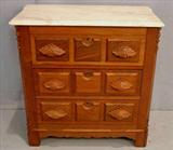 240 - Walnut Victorian 3 drawer bachlor's chest with wood carved pulls, marble top, 30in. T, 29in. W, 17in. D., ca. 1870.