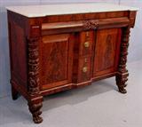 250 - Flamed mahogany period empire server with rosewood inlay, beautifully carved column front and feet, wine drawers, 46in. T, 60in. L, 24in. D. ca. 1845