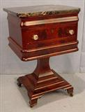 256 - Period mahogany empire work table with black and gold marble top with 3 drawers, 32in. T, 21in. W, 18in. D., ca. 1845