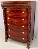 255 - Mahogany acanthus carved 6 drawer highboy chest, glass pulls, claw feet., 52in. T, 36in. L, 22in. D., ca. 1880