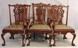 264 - Set of 9 mahogany Chippendale dining chairs with ball and claw feet, tall backs, one arm chair, 45in. T, 24in. W, 19in. D