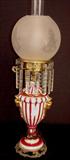 605 - Striped porcelain lamp with prisms, etched shade, gold trim, 27in. T, 8in. W.
