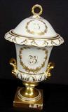 604 - Old pair of capped urn with gold painted decoration, 19in. T, 12in. W.