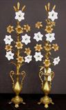 609 - Tall glass vases or altersticks with white glass flowers, ca. 1850