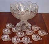 507 - Early pressed glass punch bowl set, bowl on stand, 13in. T, 14in. W, 11 cups