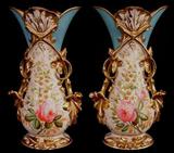 400 - Pair of old Paris vases, blue and gold with roses, 15in. T, 9in. W, ca. 1870.