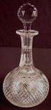 425 - Cut glass wine decanter with large round stopper, 12in. T.