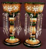 439 - Pair of green mantle lusters, gold decorations and painted flowers, 12in. T.