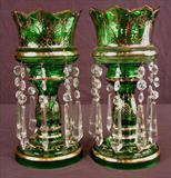 437 - Pair of green mantle lusters, gold trim, 13in. T, 6in. Dia.