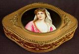 447 - Little French metal jewelry box with painted porcelain top, 2in. T, 6in. W.