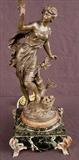 450 - French candelabra style lamp with green base, bronze figural base, 31in. T.