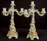 451 - Pair of Dresden porcelain figural candelabras, 17in. T, 9in. W