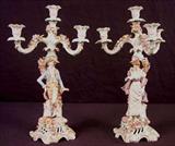 454 - Pair of Dresden figural candelabras, 17in. T, ca. 1880.