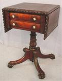 459 - Mahogany 2 drawer drop leaf night stand with acanthus carved columns, claw feet, ca. 1880, 28in. T, 18in. W, 18in. D.