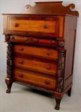 456 - Empire over-sized mahogany 6 drawer chest with curly maple and column front, 67in. T, 45in. W, 24in. D.