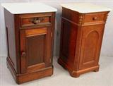 463 - Walnut Victorian half commode with marble top, wood carved pulls, 30in. T, 17in. W, 16in. D. 464 - Walnut Victorian half commode with arched pull, 29in. T, 16in. W, 15in. D.