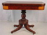 461 - Federal mahogany acanthus carved game table with curly maple inlay, base carved from top to feet, 29in. T, 36in. W, 18in. D.