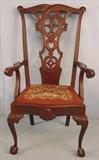 466 - Extremely tall mahogany Chippendale arm chair with needle point seat, 48in. T, 29in. W, 20in. D.