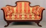 472 - Mahogany empire love seat with claw feet, red and gold upholstery, 37in. T, 61in. W, 23in. D