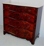 473 - Period flame mahogany empire 4 drawer chest with white marble top and round wood pulls, 40in. T, 42in. W, 20in. D.
