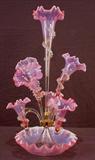 115 - Victorian pink iridescentart glass epergne, has 6 trumpets, 23in. T, 11in. Dia., ca. 1880.