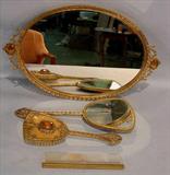 315 - French dresser set, mirror tray, brush, comb and mirror, tray is 18in. L, 11in. W, ca. 1900.