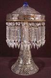 319 - Brilliant cut glass lamp with rare blue pointed gandhi shaped shade, 19in. T, 12in. Dia. Ca. 1915.