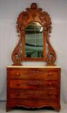 320 - Large rosewood Victorian marble top dresser, att. to Mitchell and Rammelsberg, original white marble, deep carving on mirror, 8ft 9in T, 47in. W, 21in. D, ca. 1860.