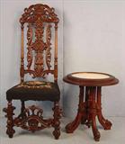 478 - Heavily carved fire side chair with needlepoint seat, 51in. T, 22in. W, 16in. D. 479 - Victorian marble top walnut lamp table, 23in. T, 22in. Dia.
