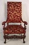 480 - William and Mary style throne chair with carved stretcher on front, 52in. T, 27in. W, 21in. D.