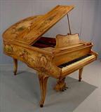 485 - painted walnut parlor grand piano, Fischer of New York, completely hand painted with scenes of flowers and man playing music for 2 women, 39in. T, 56in. W, 5ft 4in. D,