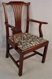 486 - Set of 6 mahogany Chippendale dining chairs with blue and gold floral upholstery, 5 side chairs and 1 arm