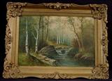 489 - Oil on canvas of landscape, stream in woods, 23in. T, 31in. W, ca. 1910.