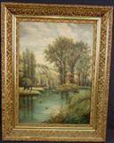 488 - Oil on canvas of landscape, lake and man in boat, 28in. T, 22in. W, gold Victorian frame, ca. 1890