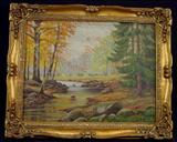 490 - Oil on canvas of landscape, woods and stream, gold Victorian frame, 26in. T, 32in. W.