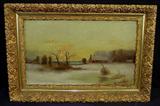 492 - Oil on board of snow covered country side and cabin, 16in. T, 23in. W, ca. 1880.