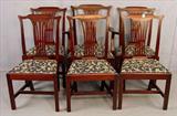 486 - Set of 6 mahogany Chippendale dining chairs with blue and gold floral upholstery, 5 side chairs and 1 arm.