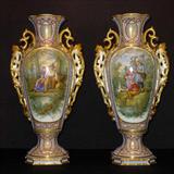 118 - Lg. magnificent pair of Old Paris scenic vases, children on bank of creek, 23in. T, 12in. W, ca 1870