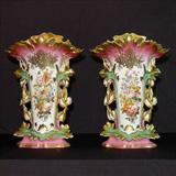 119 - Pair of old Paris vases, pink, gold, light green, 16in. T, 12in. W, flowers painted, applied handles, ca. 1880