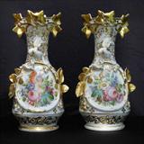 121 - Pair of beautiful old Paris vases, roses painted on sides, gold leaves at top., 15in. T, 8in. W, ca. 1870.