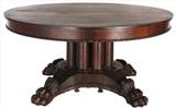 128a - Mahogany empire banquet table with large claw feet, 60in. Dia.
