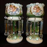125 - Fine pair of 19th century scenic enameled lusters, 14in. T, cupids painted, green base, ball ends on prisms